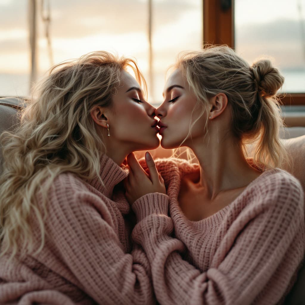 AI generated: Photo of a ultra realistic Two GORGEOUS ATHLETIC BLONDE women  wearing soft, PINK, SOFT, mohair swea...