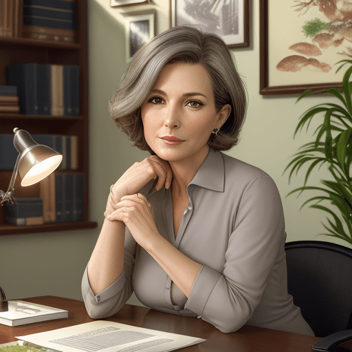 AI generated: hyper realistic photo, elegant 45-year-old woman sitting at her desk in her personal office, very sh...