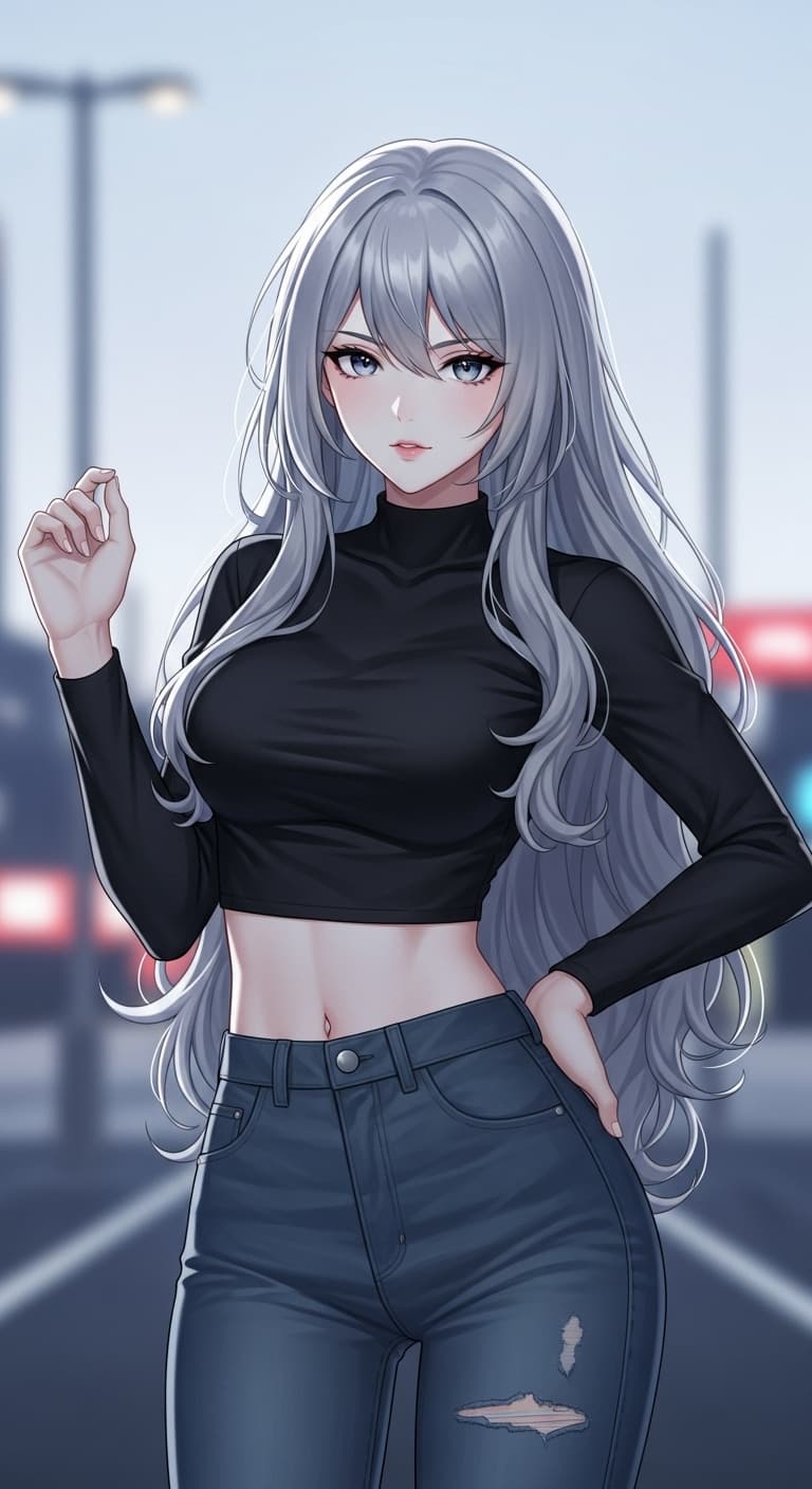 AI generated: hyper-stylized anime girl, long silver hair with soft waves, fitted black crop top, high-waisted jea...