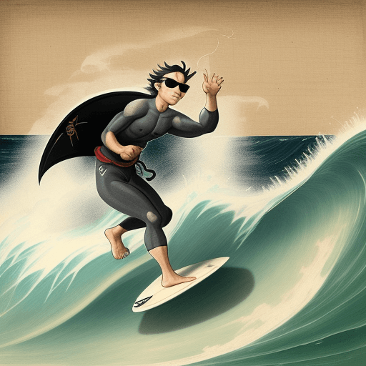 AI generated: A tea bag surfing a big wave, wearing shades and has a stoic face, medieval japanese painting