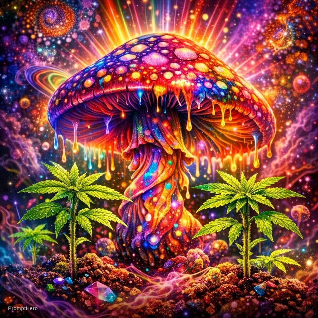 AI generated: Mind blowing drugged trippy magic mushroom with baby marijuana plants 
