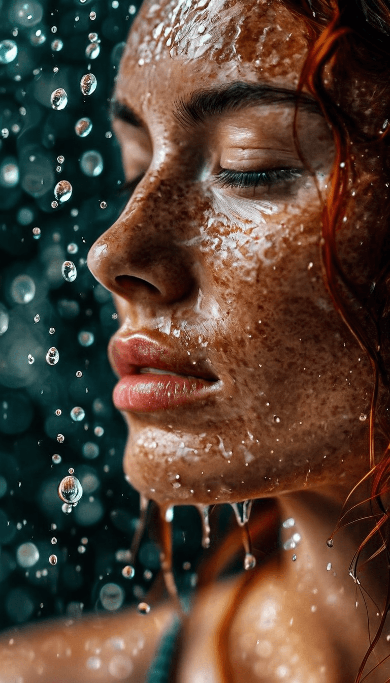 AI generated: A close up image of a beautiful Irish woman from below, closed eyes, calm, serenity, water droplets ...