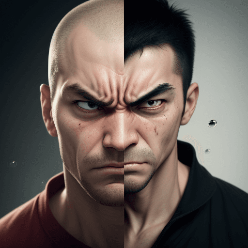 AI generated: The first image shows a visibly frustrated man, with an angry and aggressive expression. His face is...