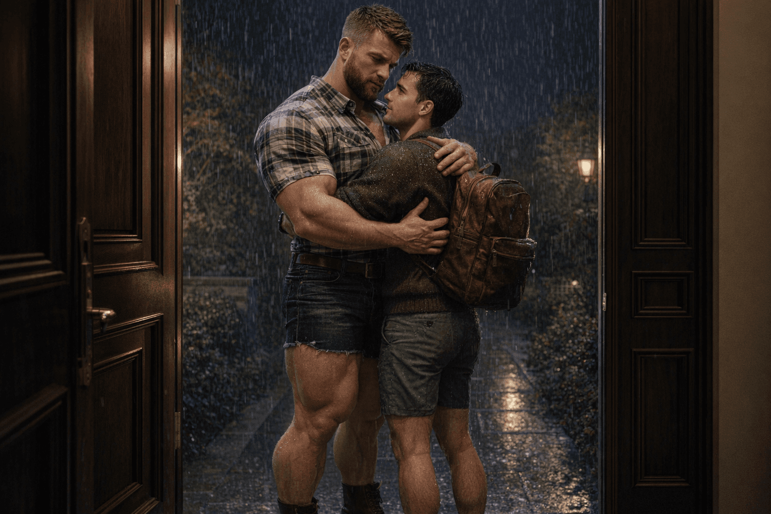 AI generated: At night. The bodybuilder is tall. The bodybuilder is standing at a beautiful and elegant house main...