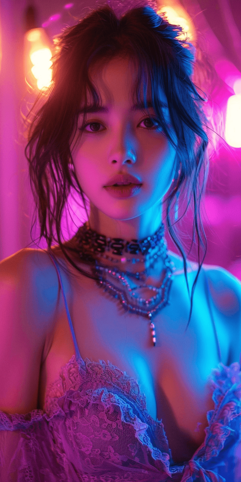 AI generated: asian girl wearing an elegant top or dress at night, in the style of iconic album covers, neon-infus...