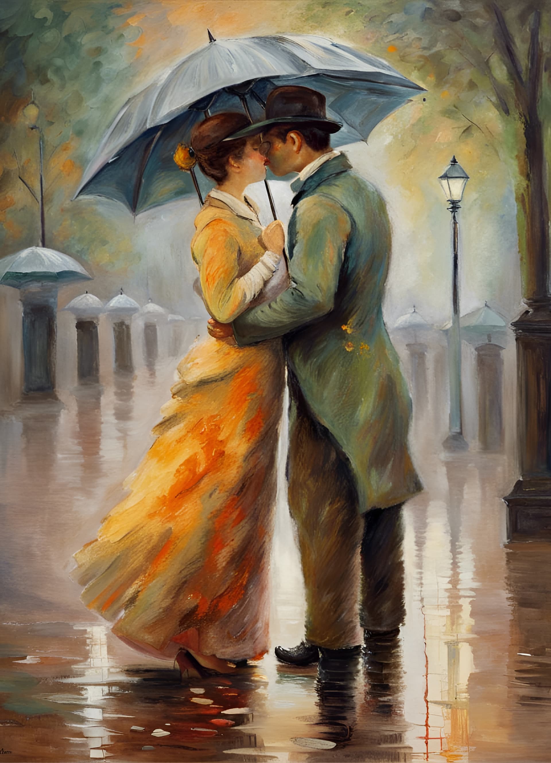 AI generated: a painting of a couple kissing under an umbrella in the rain, dreamy painting, walking toward park, ...