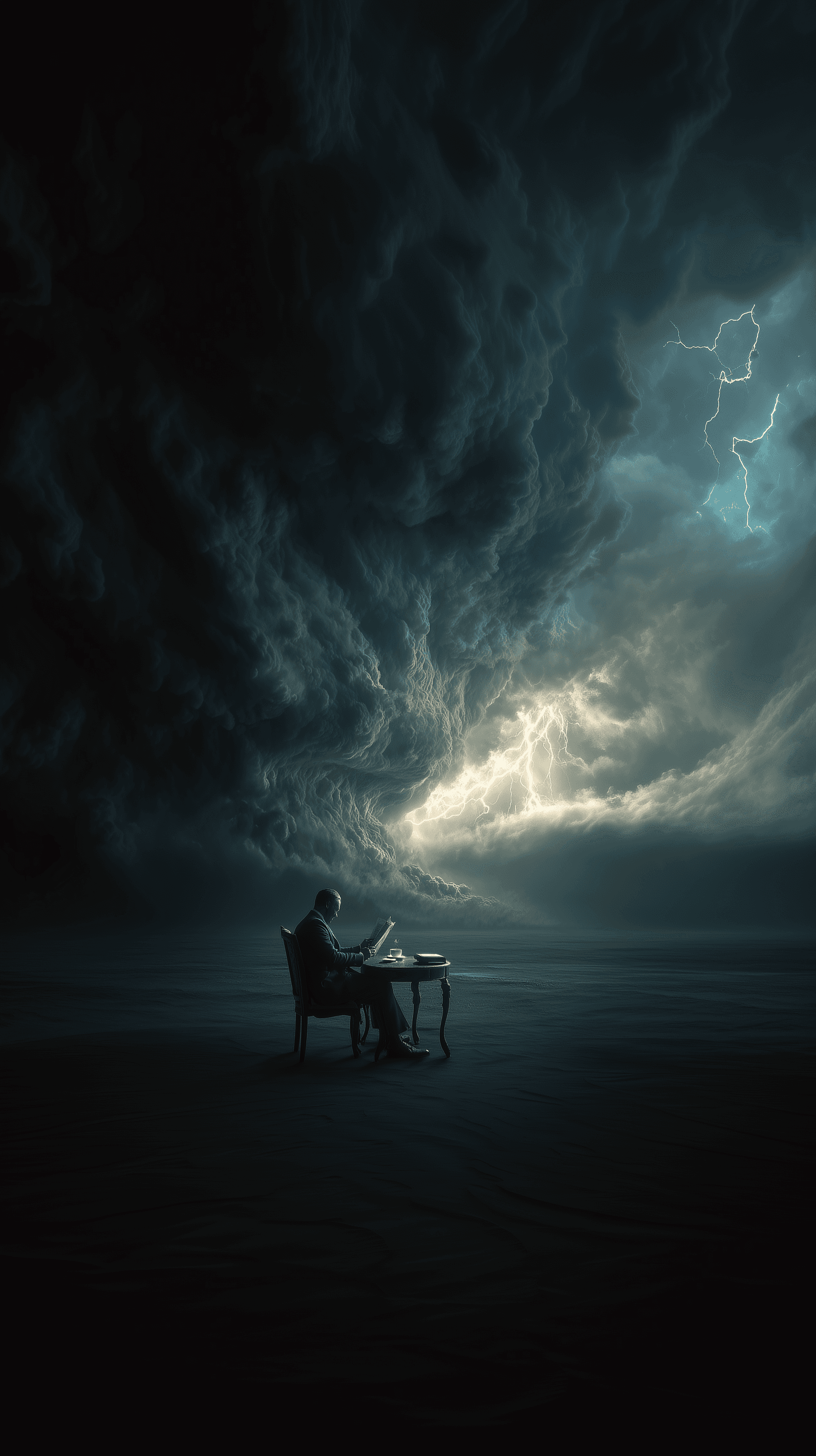 AI generated: surreal cinematic photograph, extreme contrast, massive and violent storm is raging, torrential rain...