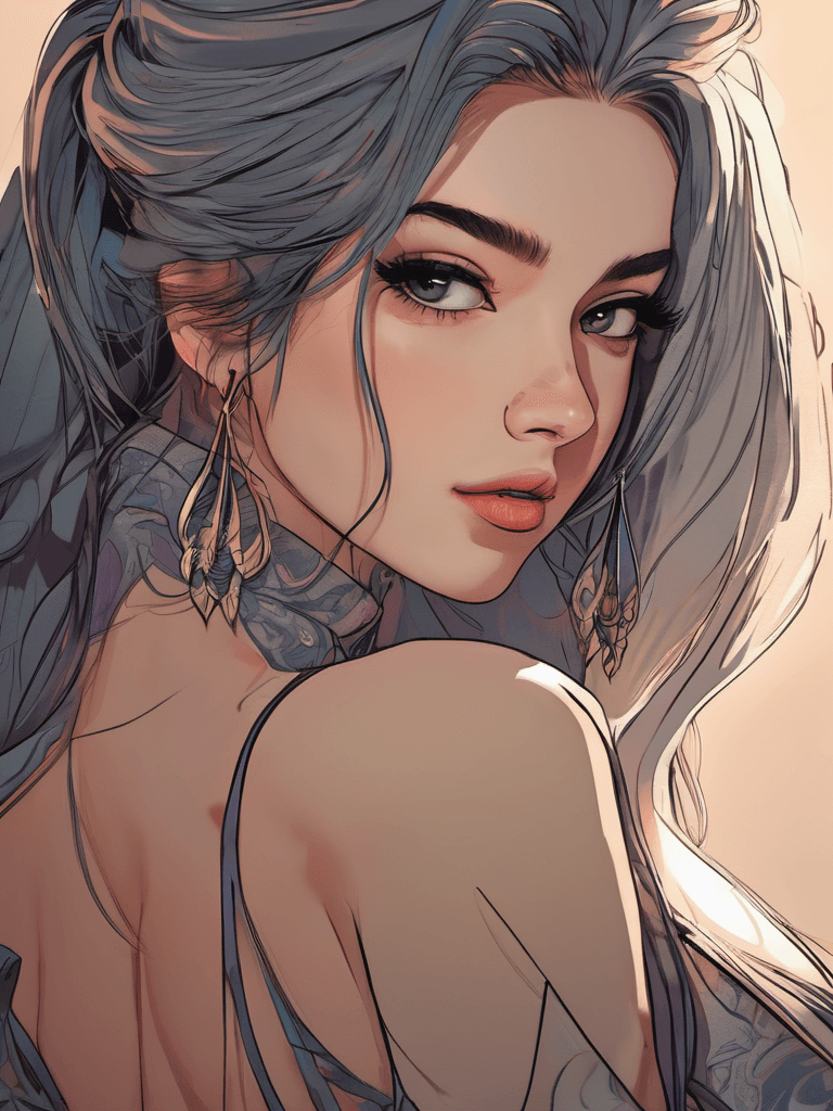 AI generated: stunning digital illustration of a 20yo girl showing her back to camera, posing, long hair, alluring...