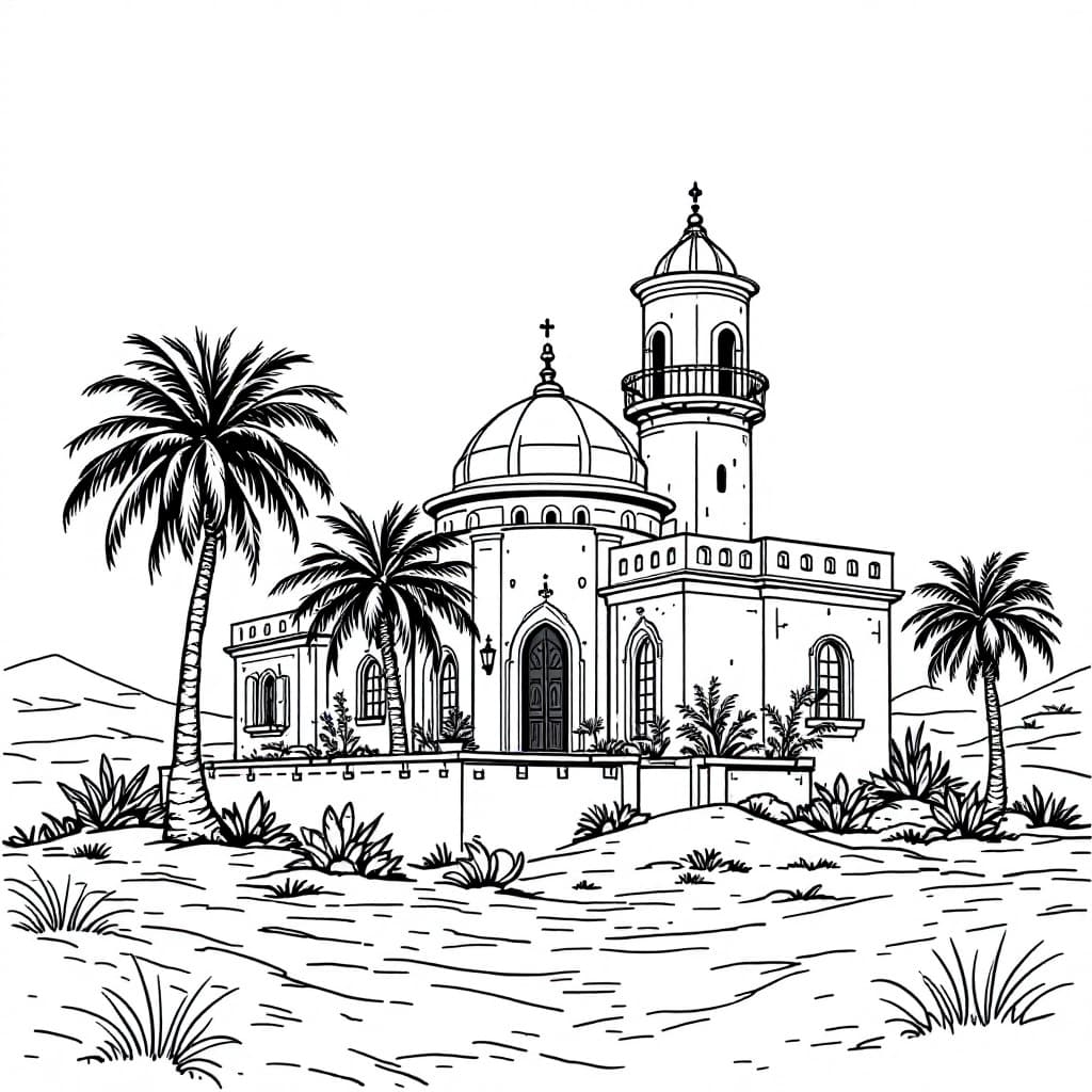 AI generated: Generate a only black and white line clip art without shading  comic of an abstract arab gulf house ...