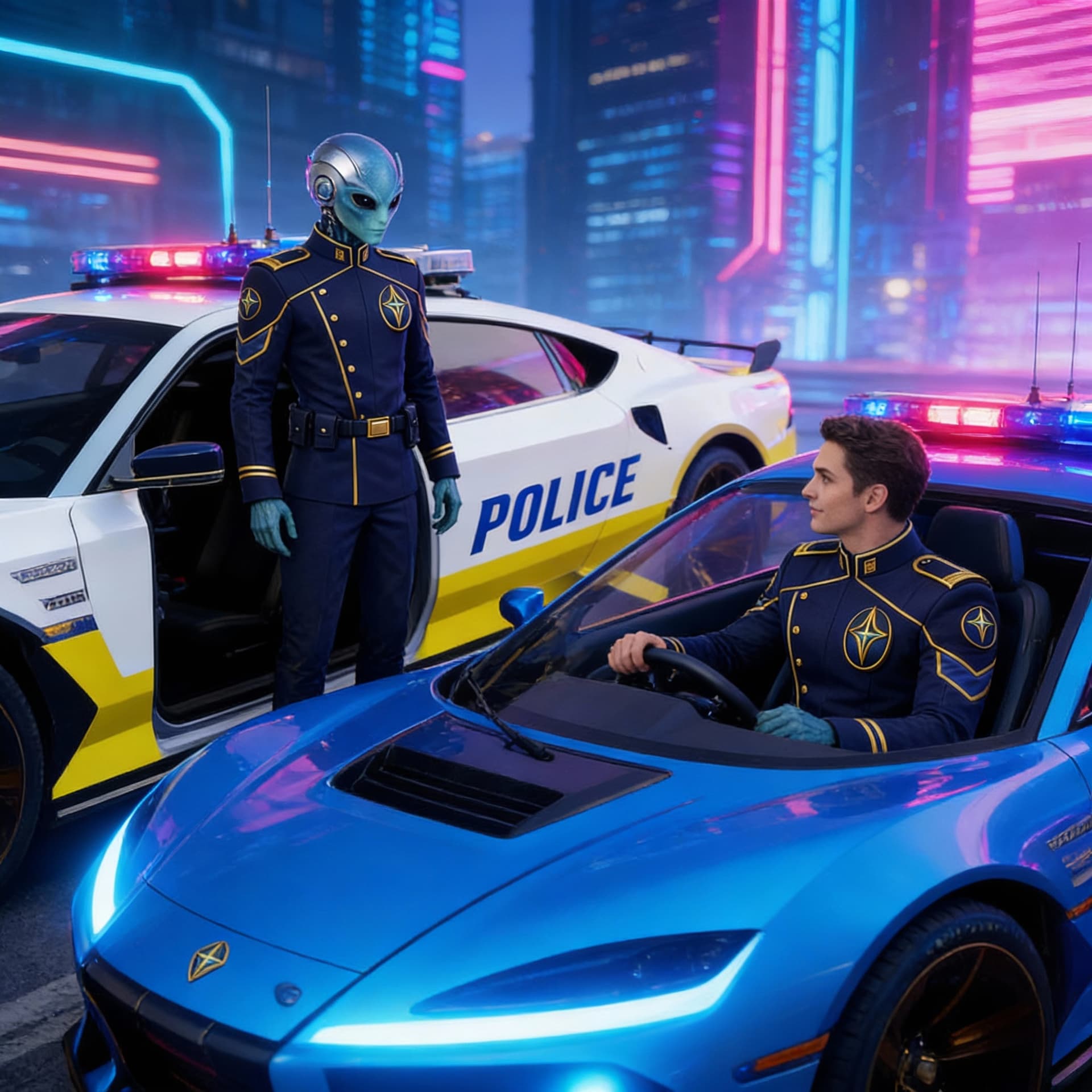 AI generated: Create a Sci-Fi image of the Alien and robot in. Reference image 1. 
Standing outside their Police c...