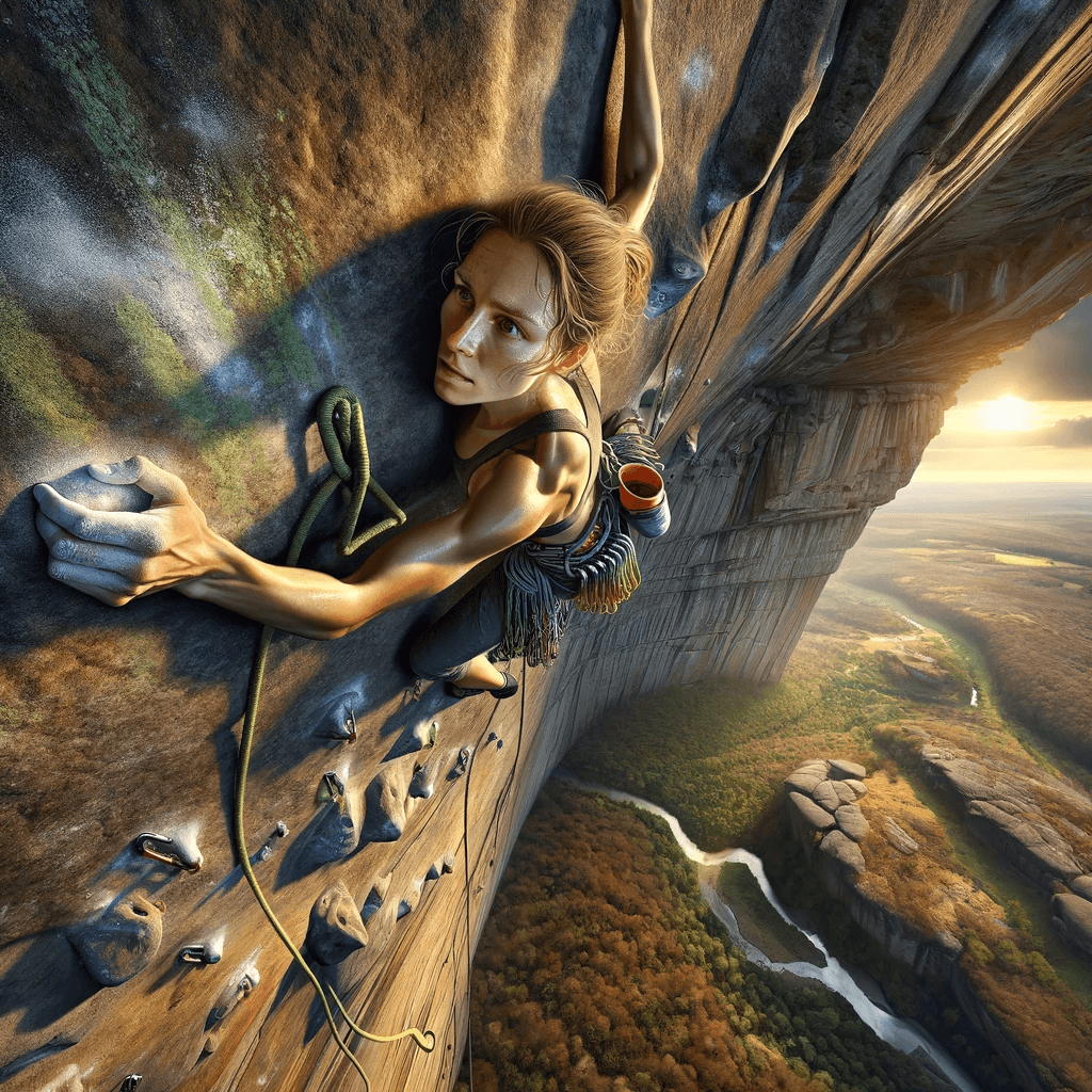 AI generated: Craft a hyper-realistic image of a woman rock climbing, captured from a top-down perspective that ac...