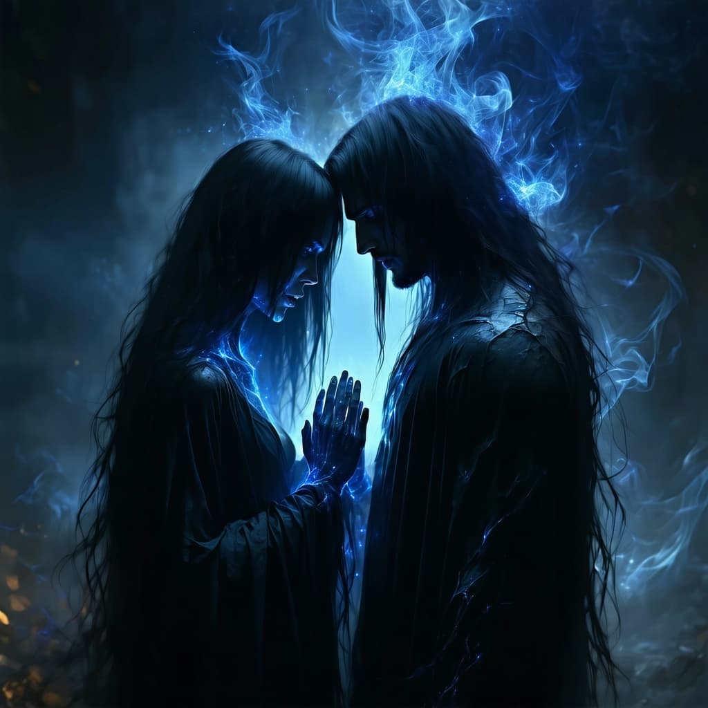 AI generated: Two ghostly, semi-transparent spirits of soulmates standing face-to-face, their faintly glowing ener...