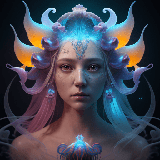 AI generated: Goddess close-up portrait ribcagel. jellyfish phoenix head, nautilus, orchid, skull, betta fish, bio...