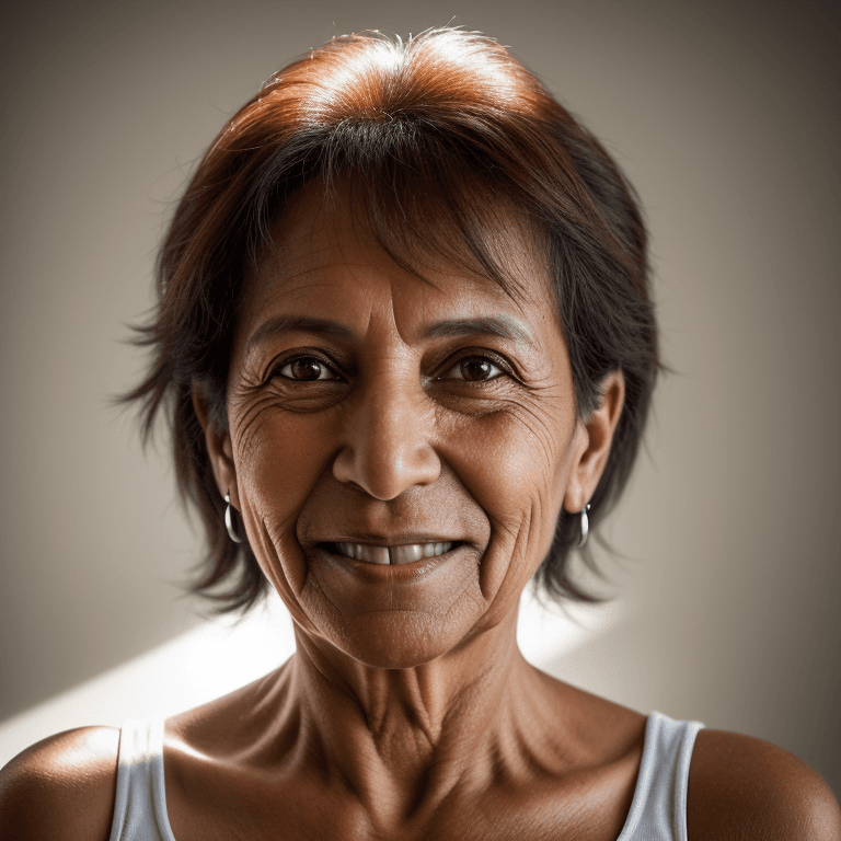 AI generated: hyper realistic headshot photo of a 50 year old brasilian (woman 1.5), looking into the camera, smil...