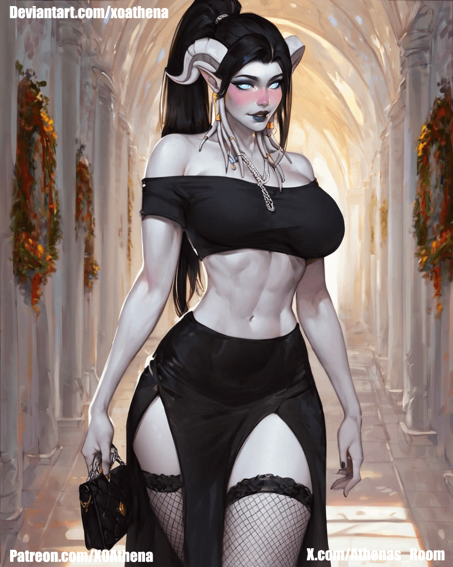 AI generated: draenei, beautiful, white skin, blue eyes, horns, black skirt, black blouse, black puirse, walking, ...