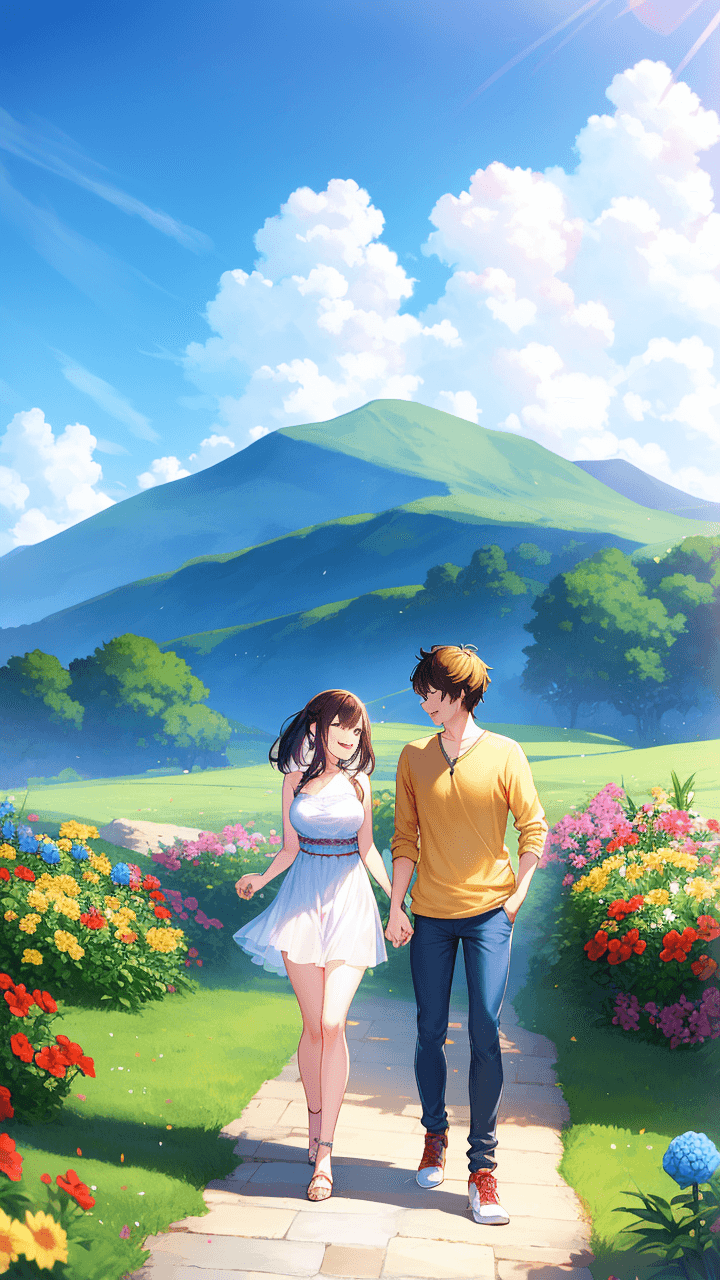 AI generated: A vibrant meadow with blooming flowers, a young couple walking hand in hand, laughing under the soft...
