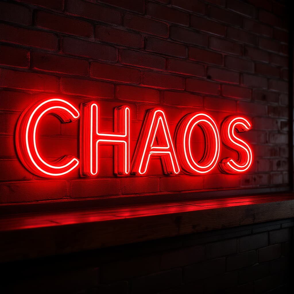 AI generated: hyper realistic red led tube writing desktop sign on top of a industrial look bar  with brick tiles ...