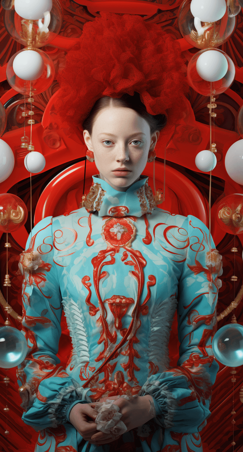 AI generated: a female in a red outfit standing, light cyan and gold, digitally manipulated images, spherical scul...