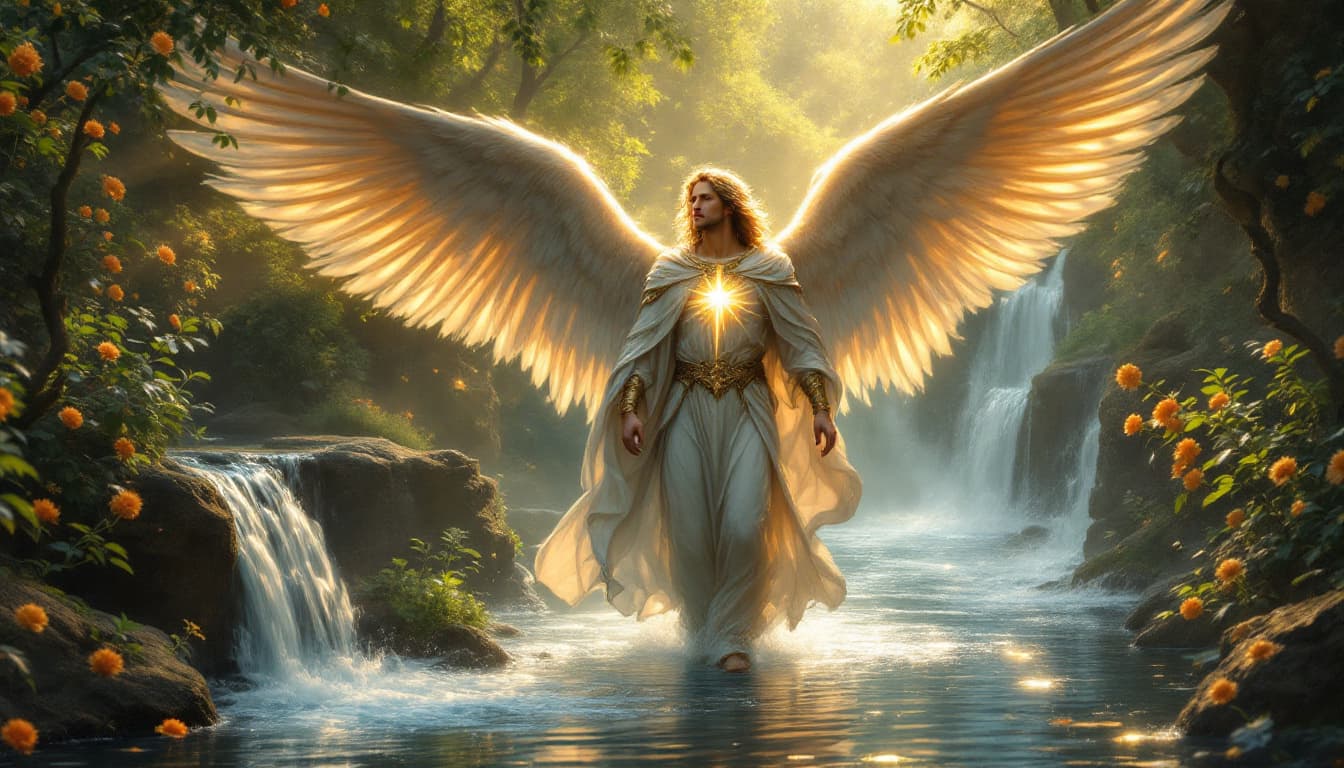 AI generated: ,serenity,surrounded by divine light in a medieval ..angel michael with shinnig in chest  beside  wa...