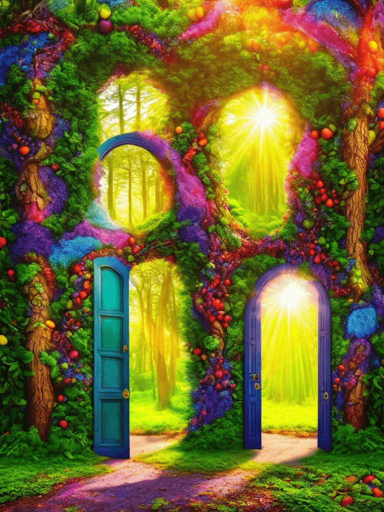 AI generated: a magical colorful summer forest inside the doorway, fruits planted on the trees, strong sunshine fr...