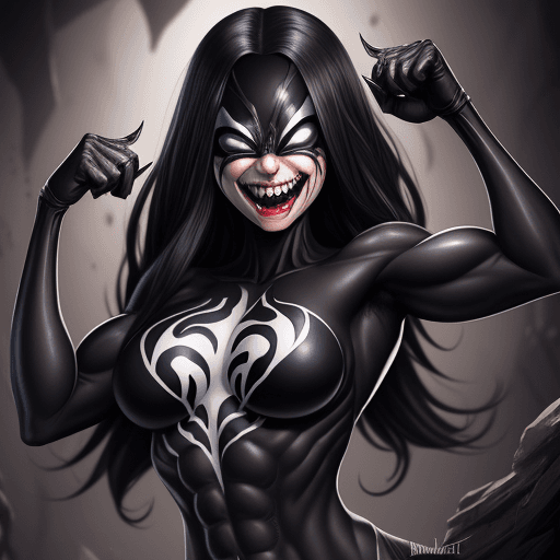 AI generated: Symbiote girl, abs, happy smile, fangs, claws