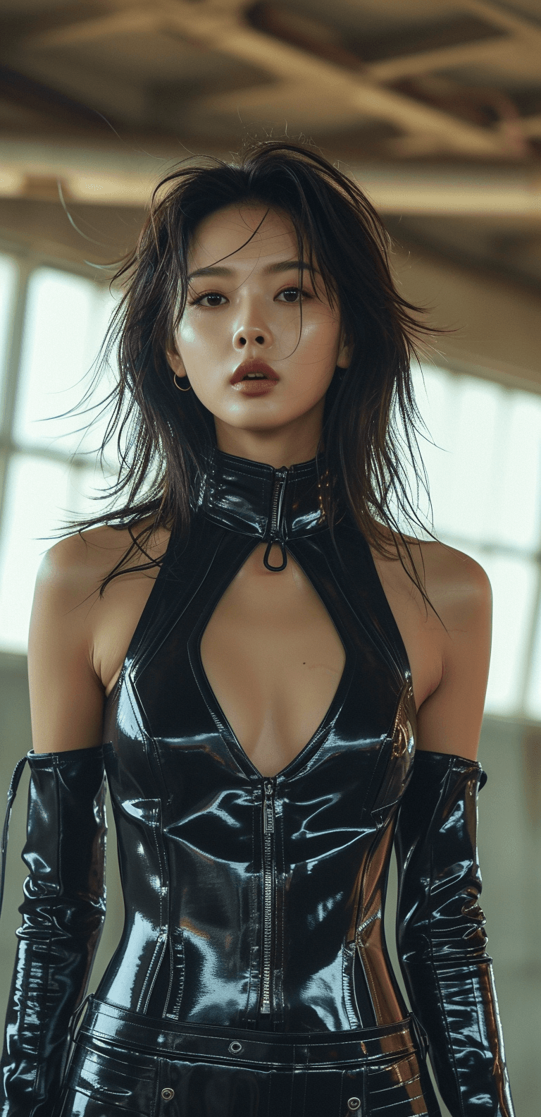 AI generated: a woman wearing a leather outfit, in the style of wavy resin sheets, babycore, gongbi, dark & explos...