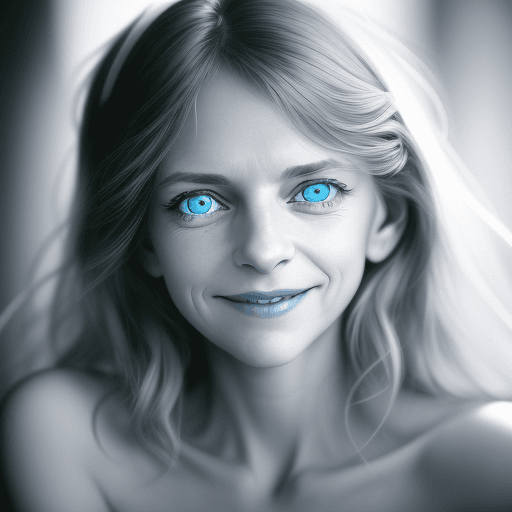 AI generated: focus on the nose, sharp nose, A captivating portrait of a woman grinning, her entire face, includin...