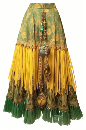 AI generated: Pose of a yellow and green floral skirt, bohemian design, features vibrant accents and a tassel trim...