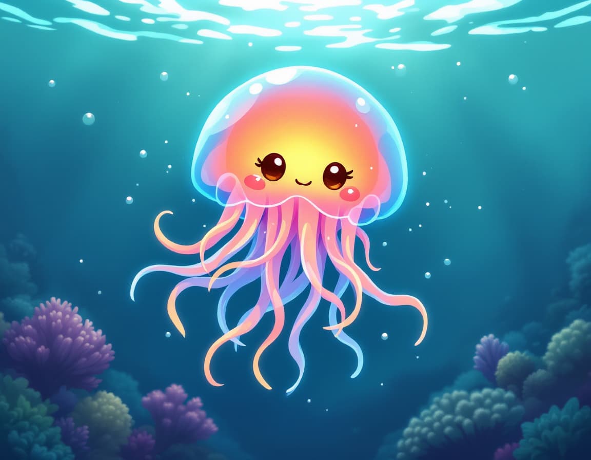 AI generated: create  a jellyfish in the real sea. add  fluorescent tentacles instead of its arms, add chibi brown...