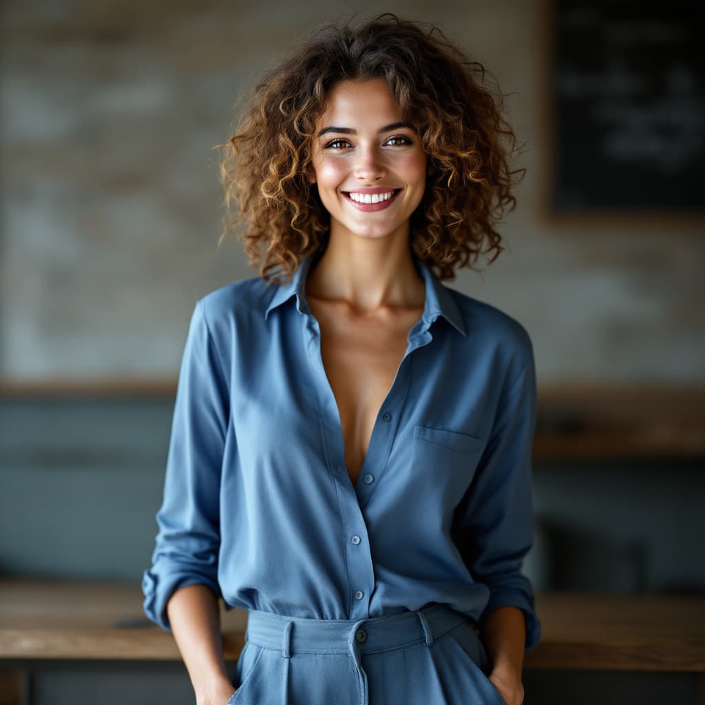 AI generated: a portrait photo of skinny, slim German 25 year old business woman smiling business woman with light...