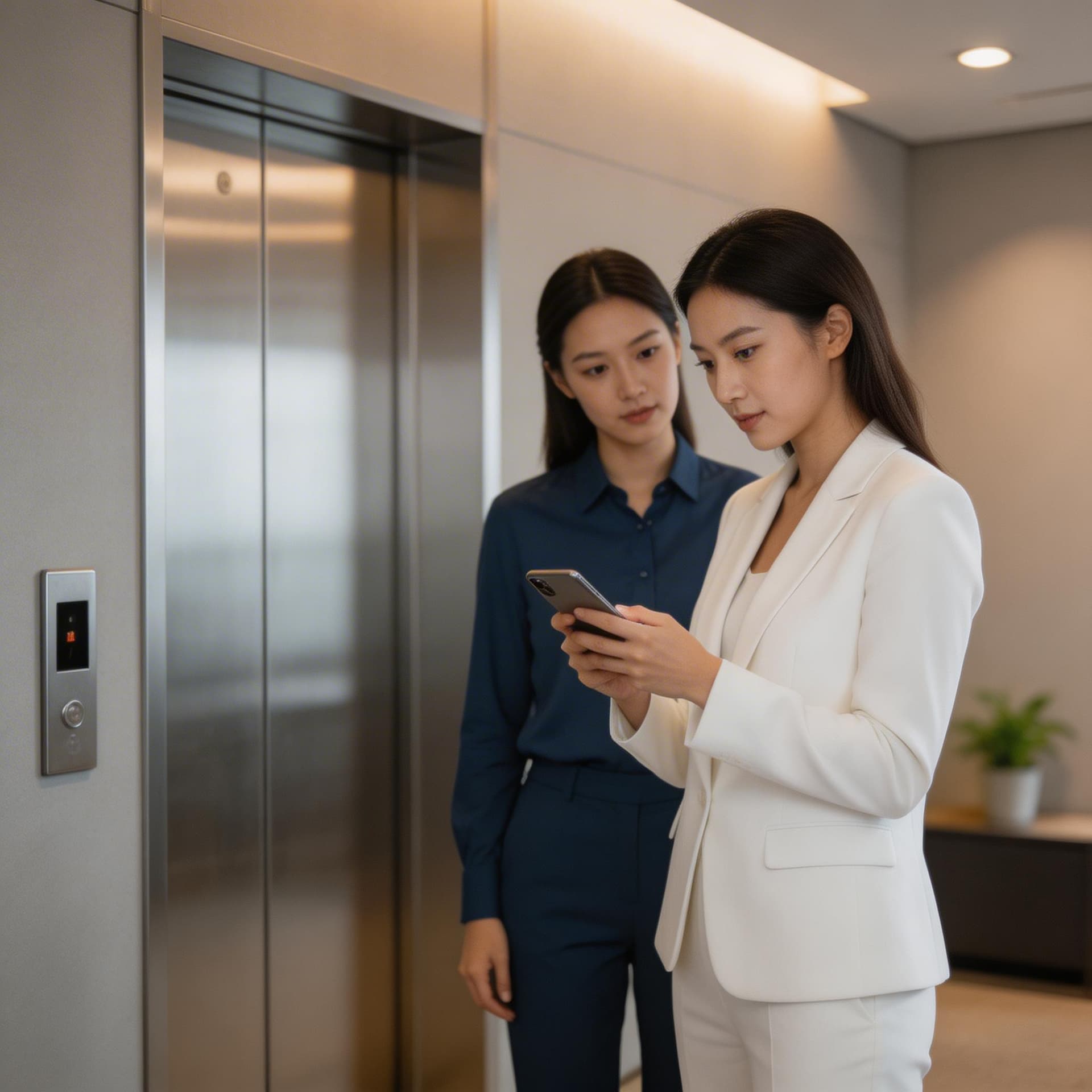AI generated: two women standing in front of an elevator, the first woman in the foreground looking at her smartph...