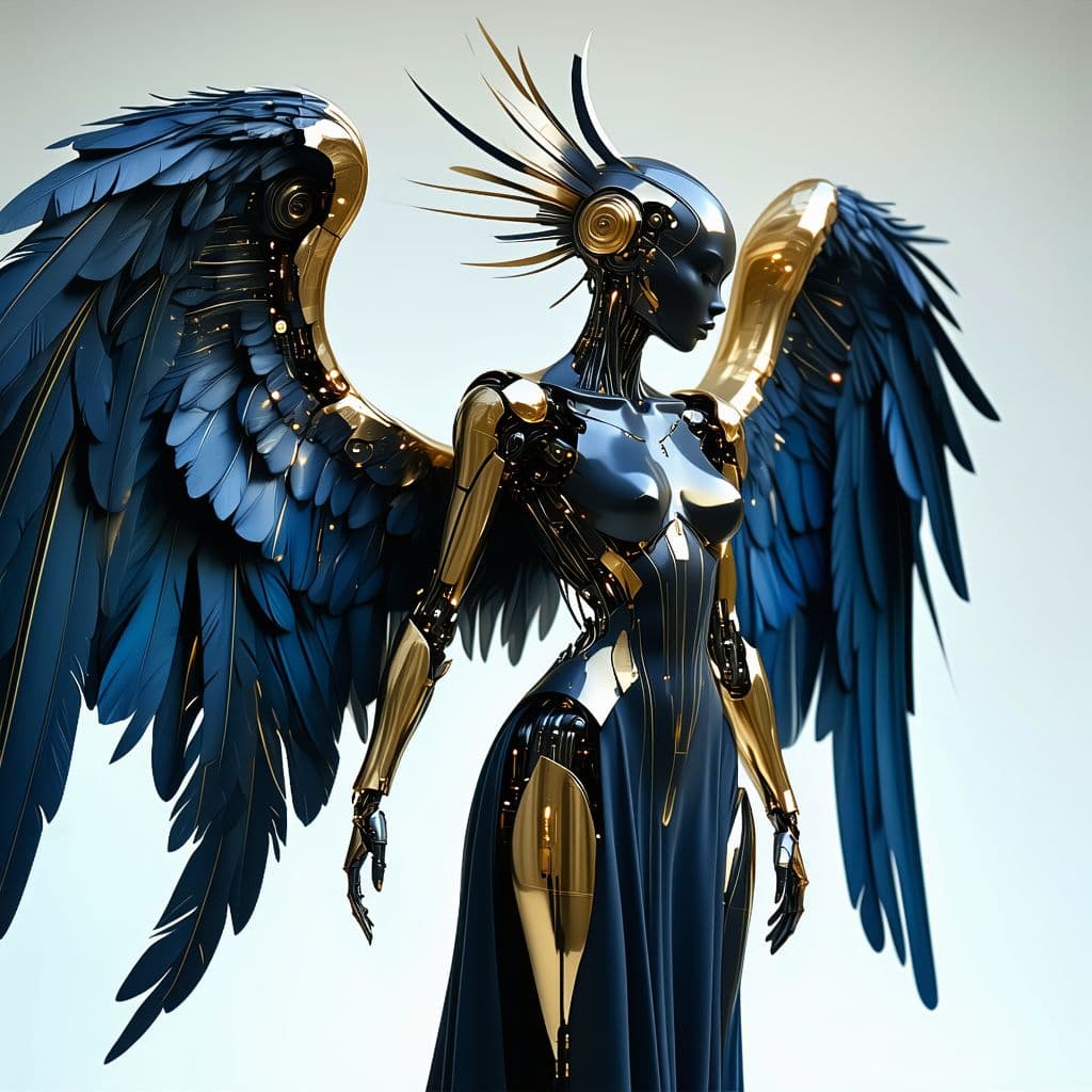 AI generated: 4k, full body photo of mechanical angel queen, full wings visible,, dark futuristic art style, norma...