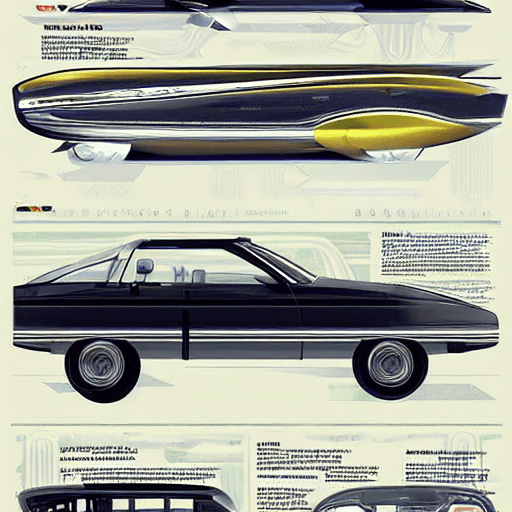 AI generated: highly detailed infographic of retrofuturism cars found in popular mechanics magazine | vintage | in...