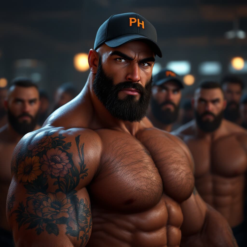 AI generated: 
"A muscular, hairy man with an intense and confident expression, featuring deep-set brown eyes, a s...