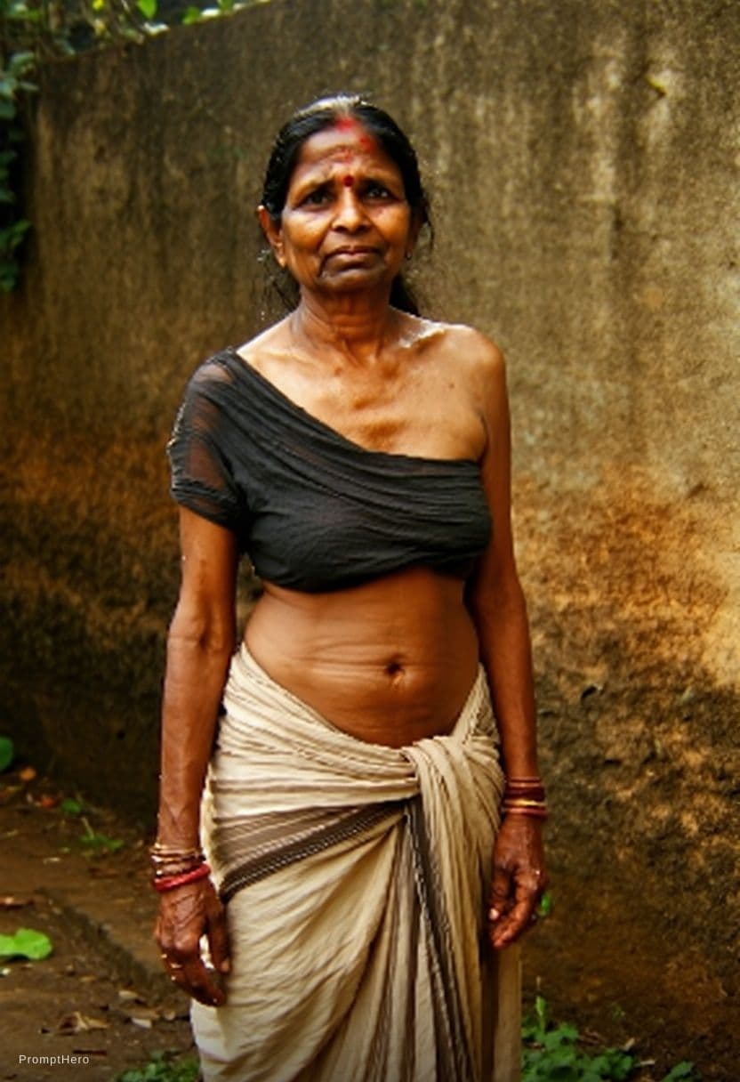 AI generated: kerala woman aged 45, she is going for bath. she is wearing lungi and hips are wide. hairy armpit