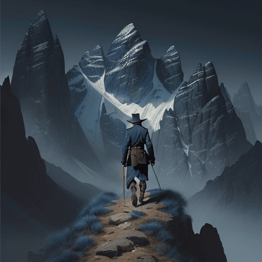 AI generated: wild frontier character walking over a mountain, in the style of sam spratt, dark blue and azure, wi...