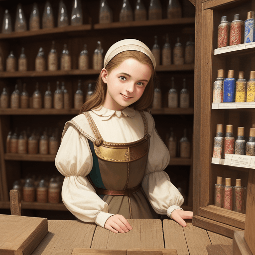 AI generated: a young, but friendly alchimist in a medieval shop