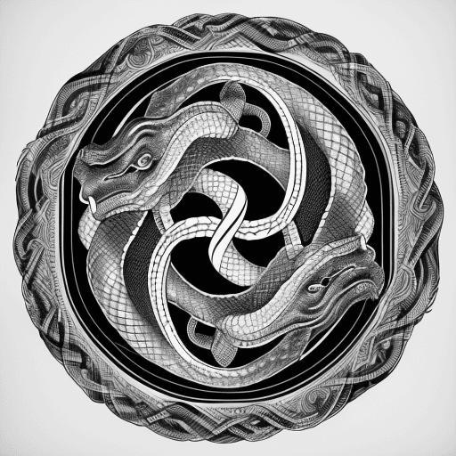 AI generated: Ouroboros, snake, black and white engraving, ouroboros, vintage, ink, white background, simple, viki...