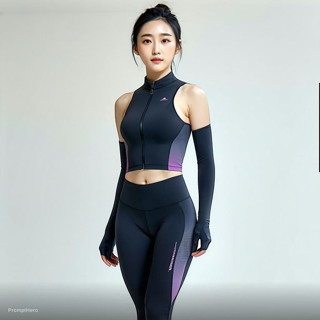 AI generated: characters is a an asian, tall women wearing a running suit, which is transparent at the bottom
