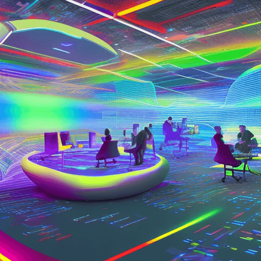AI generated: A futuristic digital artwork featuring a collaborative workspace with multiple individuals working t...