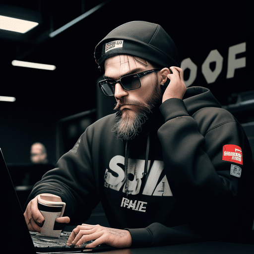 AI generated: hacker, forward facing posture, dark room, coder, computer, man, medium beard, cool, grunge, (typing...