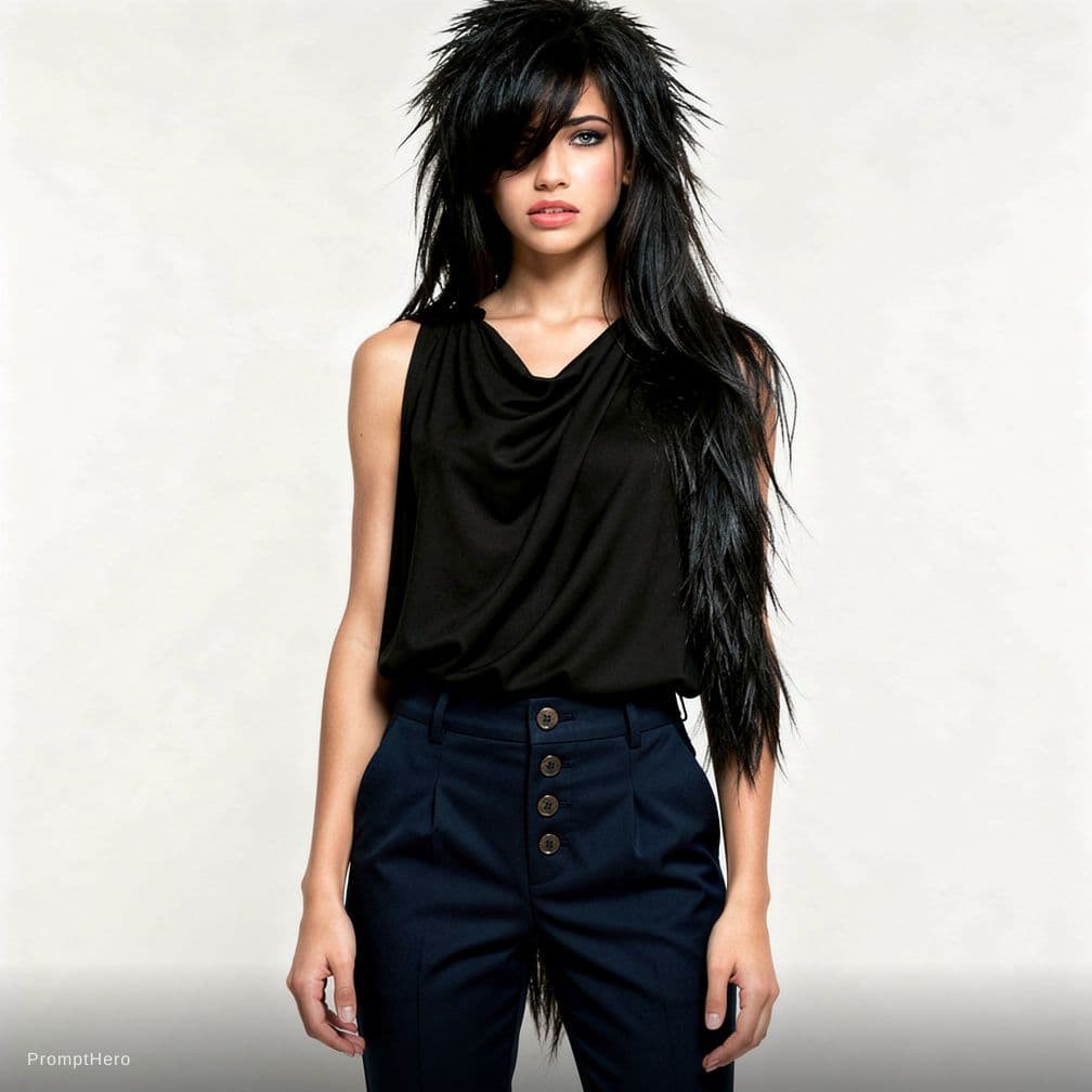 AI generated: A teen with a very long, black feathered cut, a black Grecian top, with sailor pants.