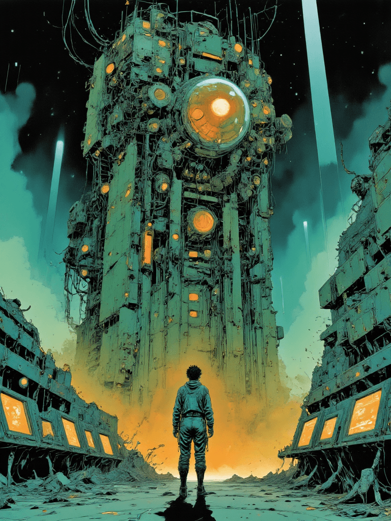 AI generated: A stunning and intricate illustration of a lone figure standing before a massive, futuristic central...
