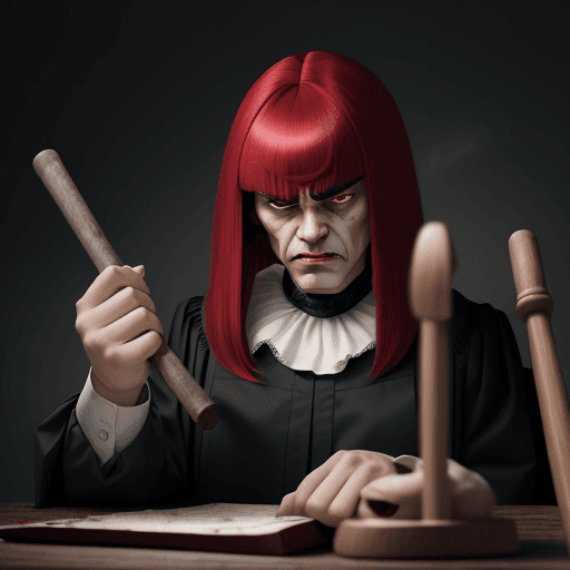 AI generated: depicts an angry, vindictive, unjust judge who commits injustice. His face is flushed, his brows are...