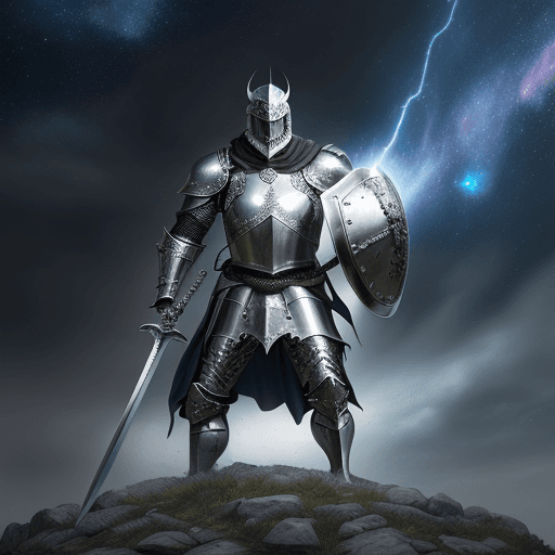 AI generated: A smart hero wearing silver medieval knight suit of armor, metal horns on helmet, holding a big knig...