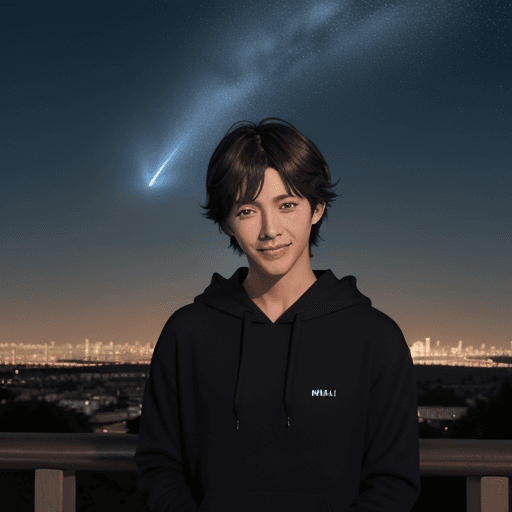 AI generated: shinkai makoto, kimi no na wa., tachibana taki, 1boy, blue eyes, brown hair, comet, hood, black hood...