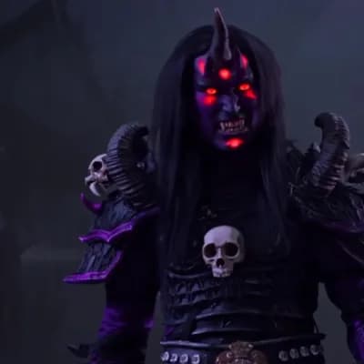 AI generated video: His skin dark purple, eyes burning red, fangs like vampire. with Demon influences and Angel like tra...