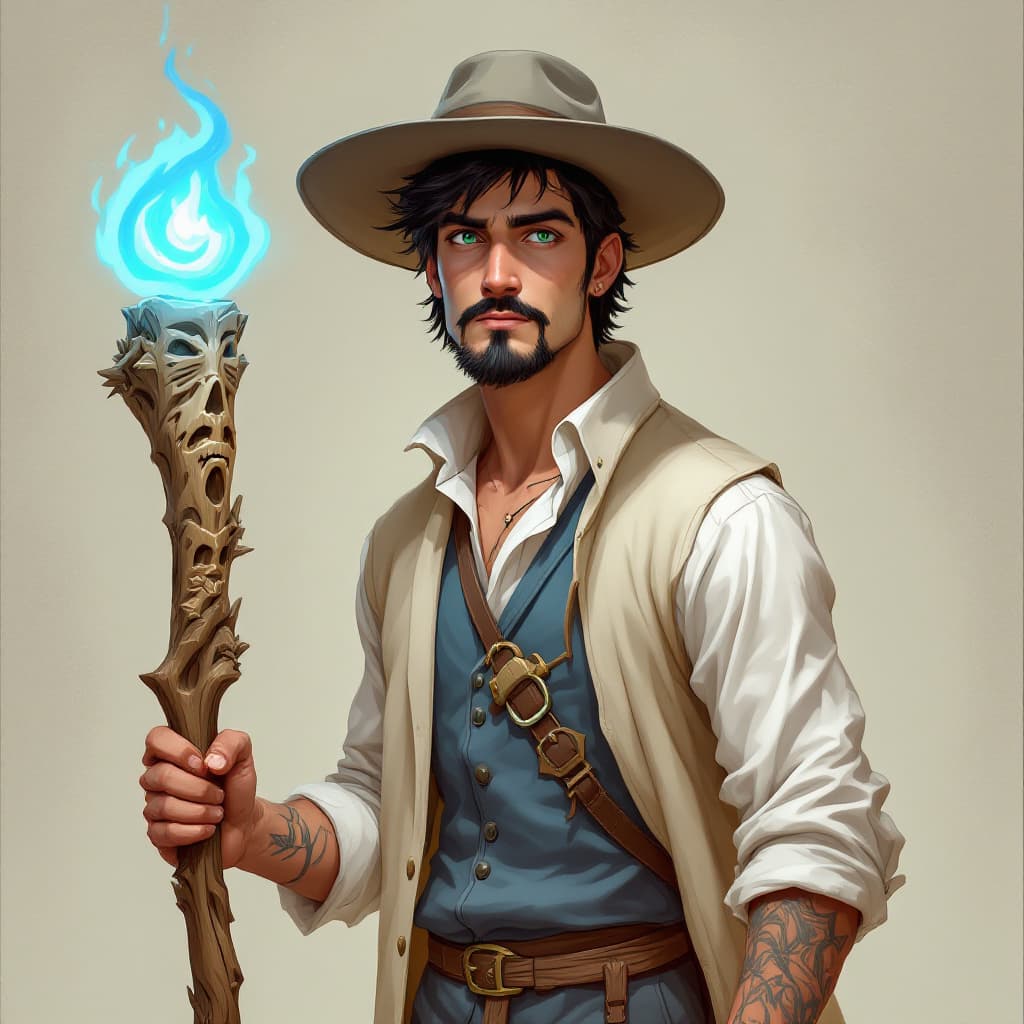 AI generated: A lean man in his mid-20's. He has Black hair, green eyes and a goatee. He is wearing a white shirt,...