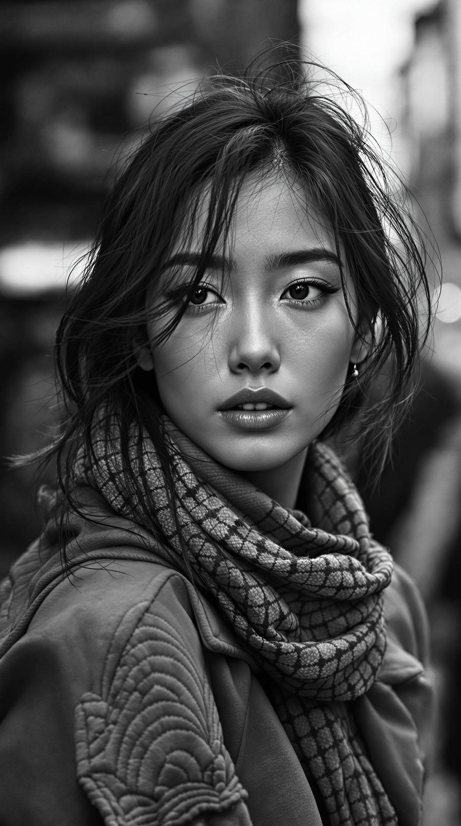 AI generated: ultra-realistic black and white photo of a beautiful Asian woman, shot on a Sony a7III, on the stree...
