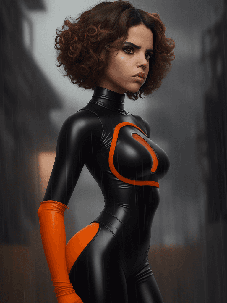 AI generated: a woman with short peppered hair, gigantic tight ringlets,  standing in the rain, (Natalie Morales),...